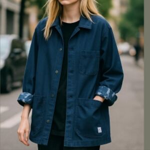 Zara Oversized Splatter Dark Blue / White Dyed Denim Jacket, Sz M